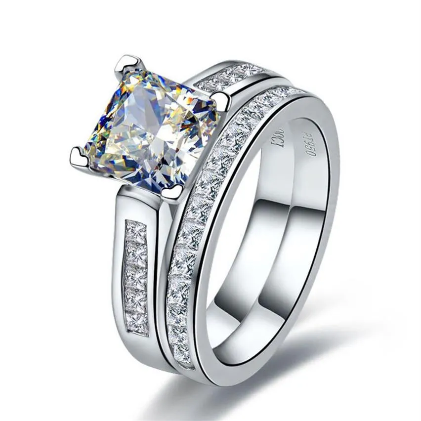 TRS102 Luxury Quality 2 Carat Princess Cut Quality NSCD Syntetic Gem Engagement Ring Set for Women Wedding Set Bridal Set S240B