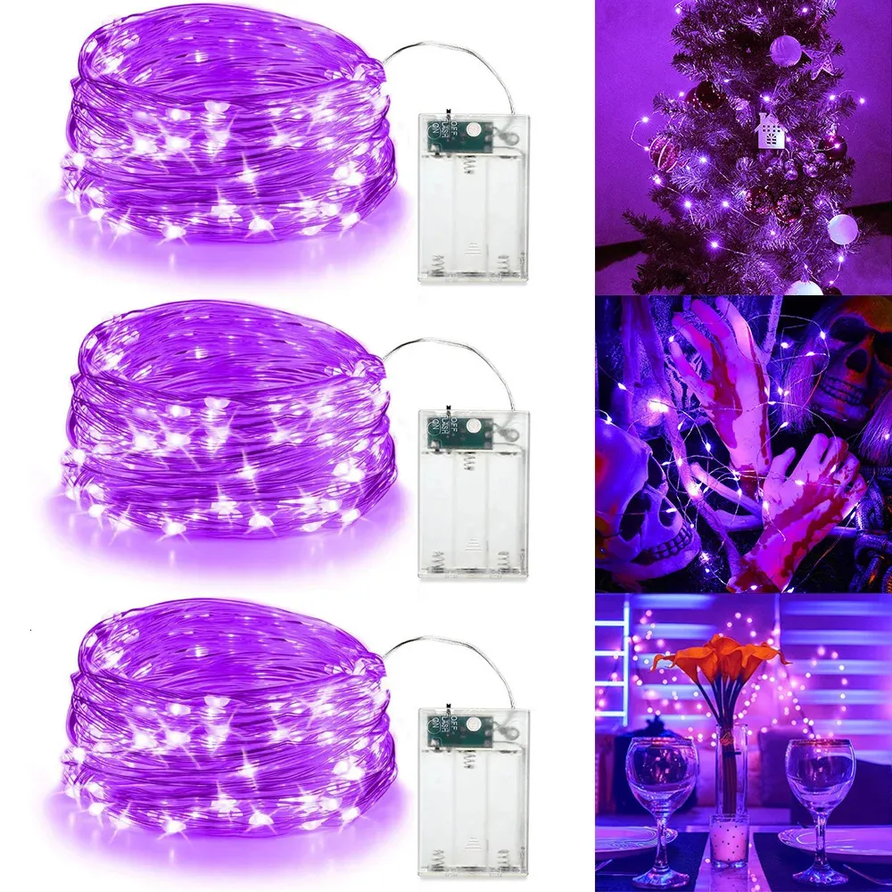 Decoração de festa Decorações de Natal 30/50/100 LED lâmpada de corda de fio de cobre alimentada por bateria Halloween fada roxa decoração de festa de casamento interior 231025