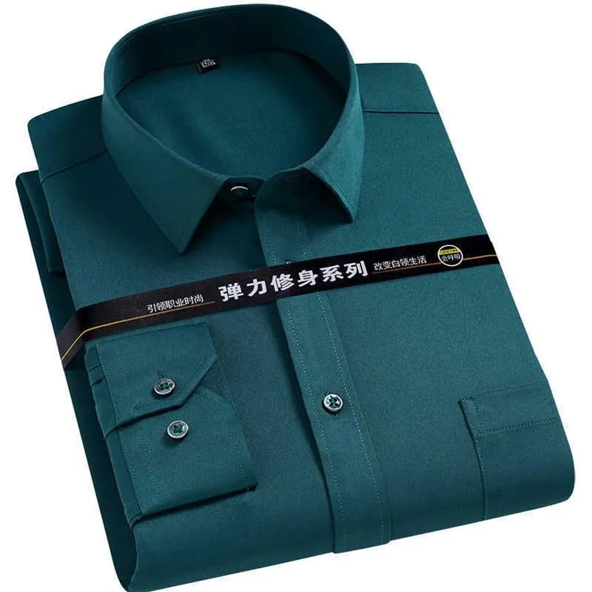 Мужская эластичная однотонная классическая рубашка, однотонная повседневная рубашка против морщин с длинными рукавами, мужская обычная посадка, негладкая, легкая в уходе рабочая одежда 280J