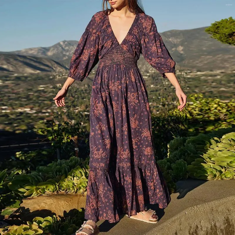 Robes décontractées Femmes Robe à manches bouffantes Boho Deep V Col Flowy Maxi Loose Fit Imprimé Long Élégant Plissé Femme Tenue de vacances