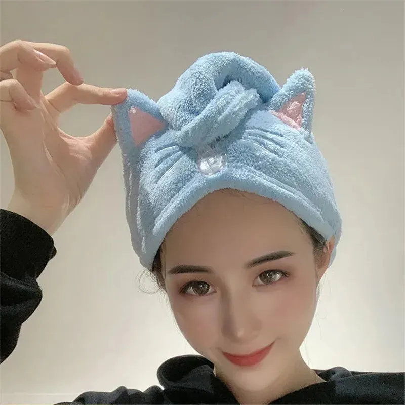 Serviette mignon chat cheveux casquette microfibre longue séchage rapide chapeau bain fort absorbant l'eau foulard de tête pour femme essuyage 231025