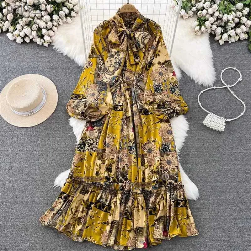 Basic Casual Dresses Light Mature Style Elegant Maxi Dress Women Retro Temperament Lantern Long Sleeve Bow Tie Waist Up A-Line Printed Z2716 YQ231025