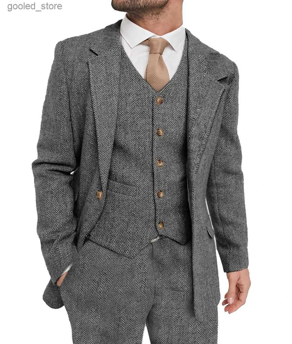 Mäns kostymer blazers mens kostym grå 3 -stycken kostym Hight Quality Wool Tweed Wedding Groomsmen Shawl Lapel Tuxedos Slim Fit Blazer+Pants+Vest Q231025