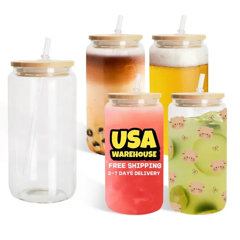 US CA Stock 16oz Sublimation Glass Mugs Can Shaped Clear Frosted Water Bottle Tumblers Juice Soda Cups 0330