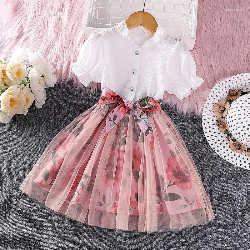 Платья для девочек, летнее поступление 2023 года, милое праздничное платье для девочек с короткими рукавами-фонариками и цветочным принтом, розовый Muti Roupa Infantil Menina, От 4 до 7 лет