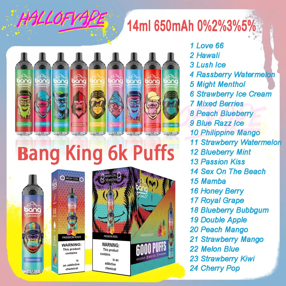 Original Bang King 6000 Puff E Cigarros 14ml Bobina de Malha 0% 2% 3% 5% Nível 1100mAh Recarregável Bettery 24 Sabores Descartáveis Vape Pen Puffs 6k