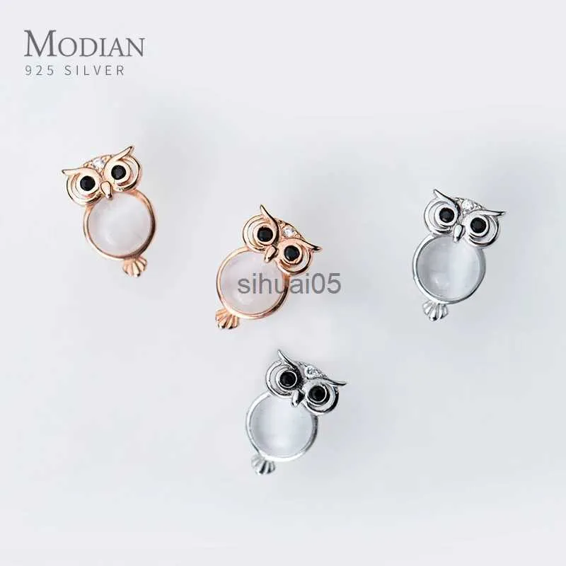 Stud Modian blanc opale mignon hibou boucles d'oreilles pour les femmes cadeau authentique 925 en argent Sterling couleur or Rose boucle d'oreille bijoux de mode YQ231026