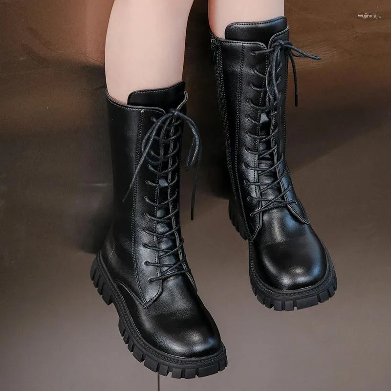 Botas crianças meninas meados de bezerro preto banda estreita antiderrapante 2023 cor sólida princesa passarela sapatos crianças versátil