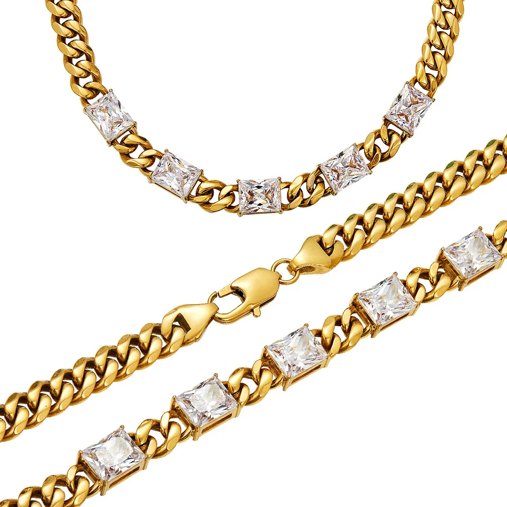 10mm Width 18/20/22/24inch 18K Yellow Gold Plated Stainless Steel Square CZ Cuban Chain Necklace Bracelet Links for Men Women Gift