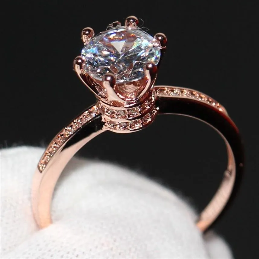 Anel de casamento com coroa para mulheres, joia de luxo 925, prata esterlina, ouro rosa, corte redondo, topázio branco, anel de noivado feminino187s
