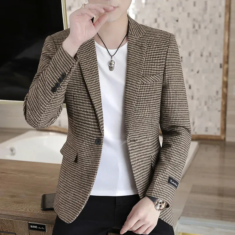 Men's Suits Blazers Brand Men Blazer Personality Wild Men's Suit Jacket High Quality Fashion Plaid Print Slim Fit Warm Blazer Coat Male S-3XL 231025