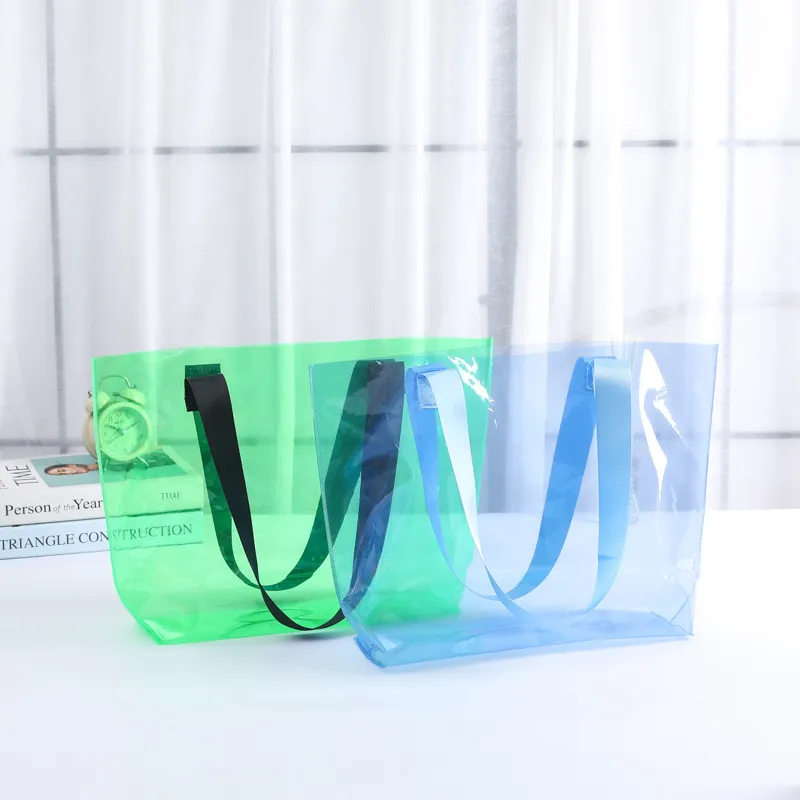 Large Color Tote Bag Transparent Shopping Bags Shoulder Handbag PVC Waterproof Storage Bag for Plastic Bags LX6196