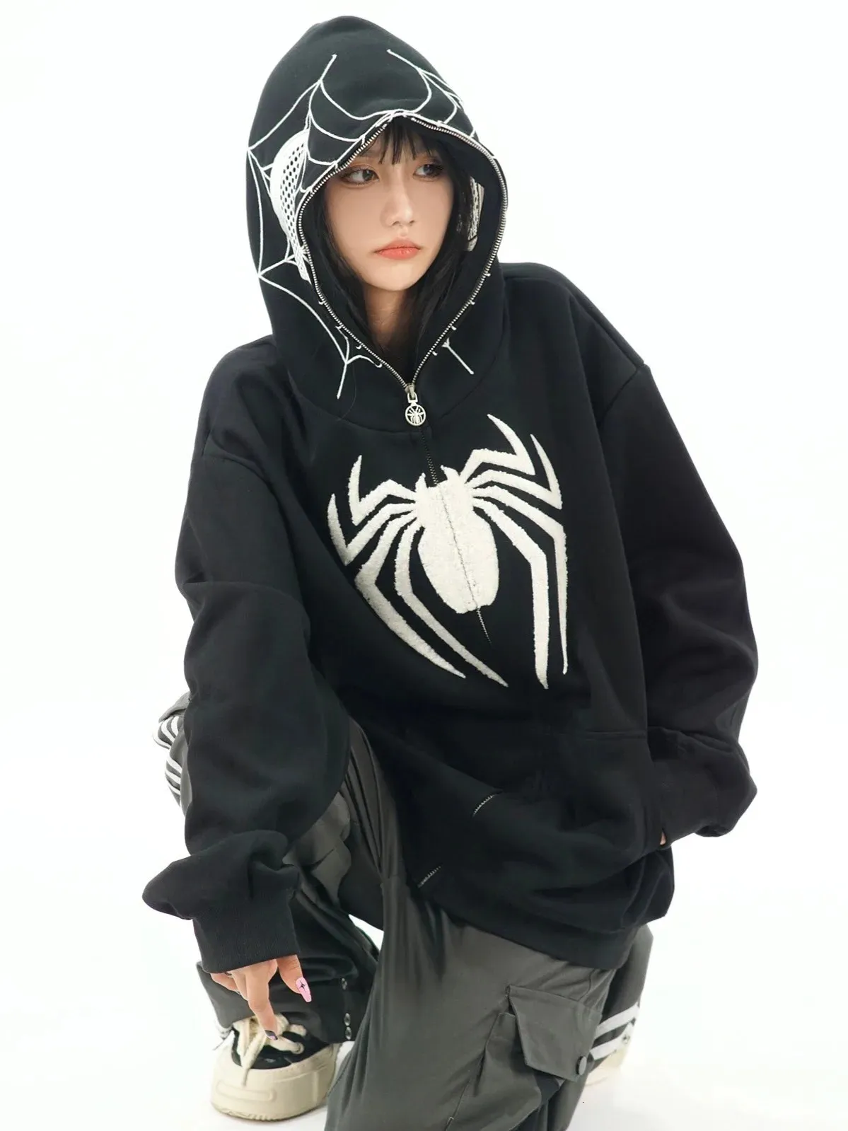 Y2K Embroidered Spider Black Graphic Hoodie For Women From