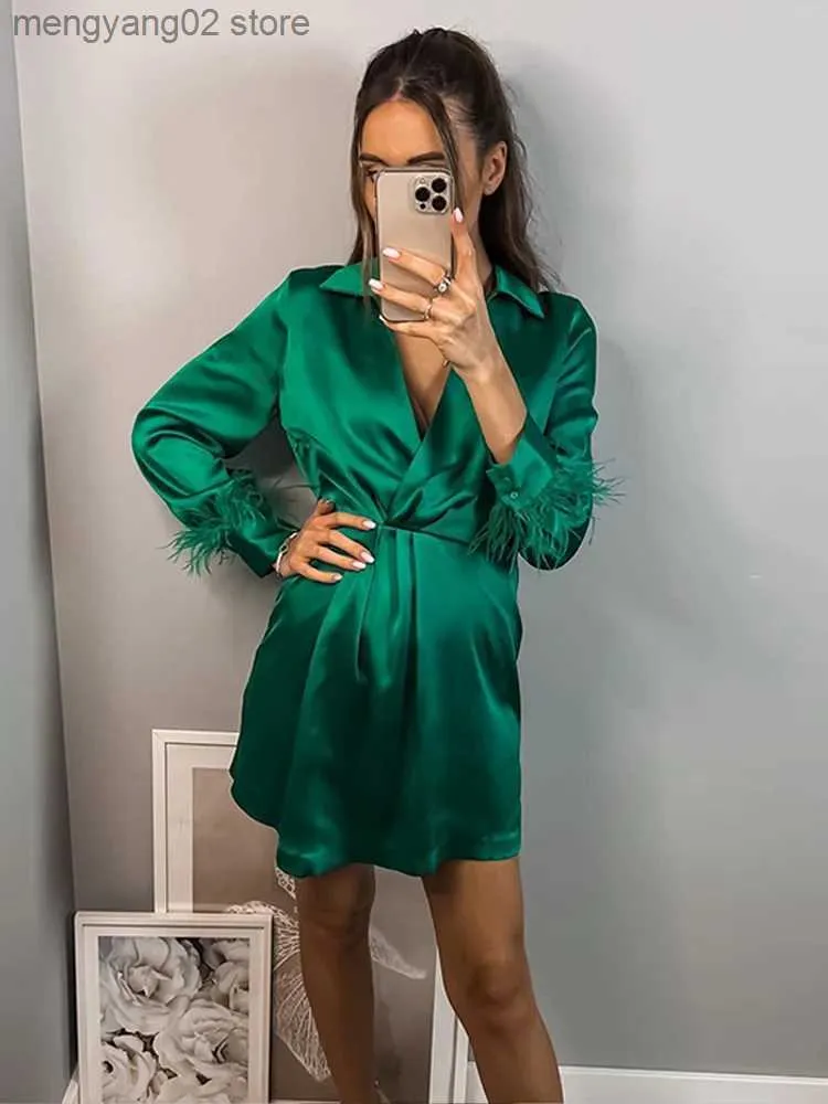 Basic Casual Dresses Feather Cuff Mini Dress Women 2023 Spring Satin Sexy Long Sleeve V-neck Female Dresses Slim Waisted Fashion Ladies Vestidos T231026