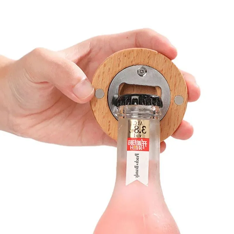 Blank DIY Wooden Round Shape Bottle Opener Coaster Fridge Magnet Decoration Beer Bottle Opener 0419