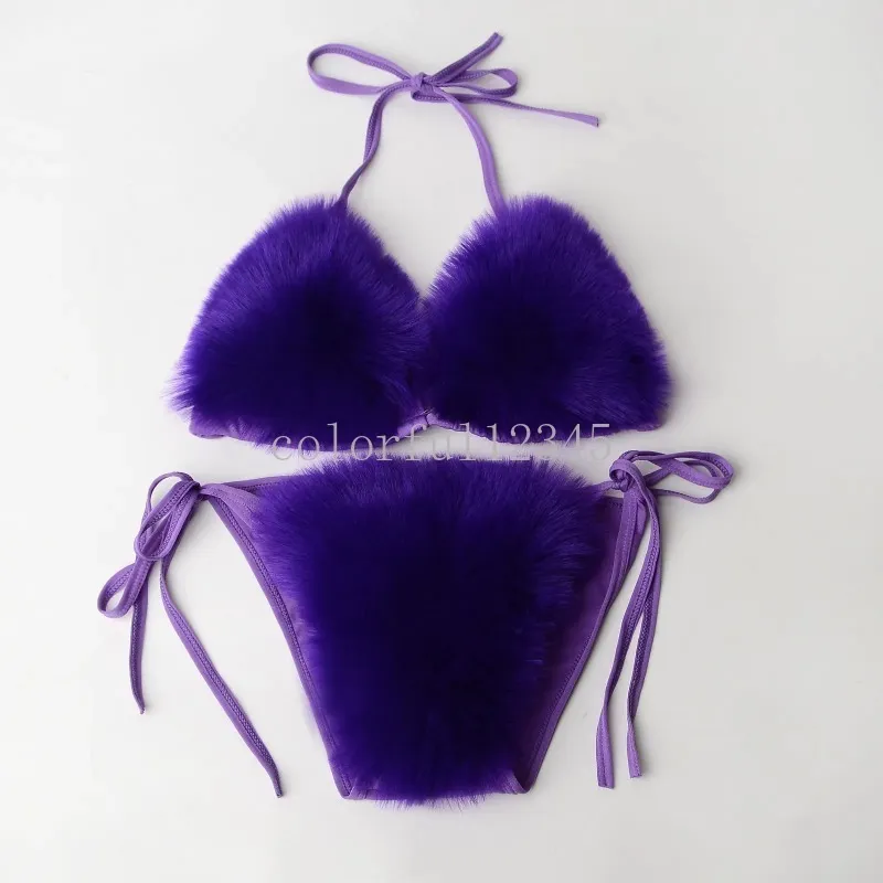 Kvinnors badkläder Plush Swimsuit Sexig mode damer delar fast färg Bikini 2023 Solid Color Päls badkläder Kvinnor Tongkläder för strand