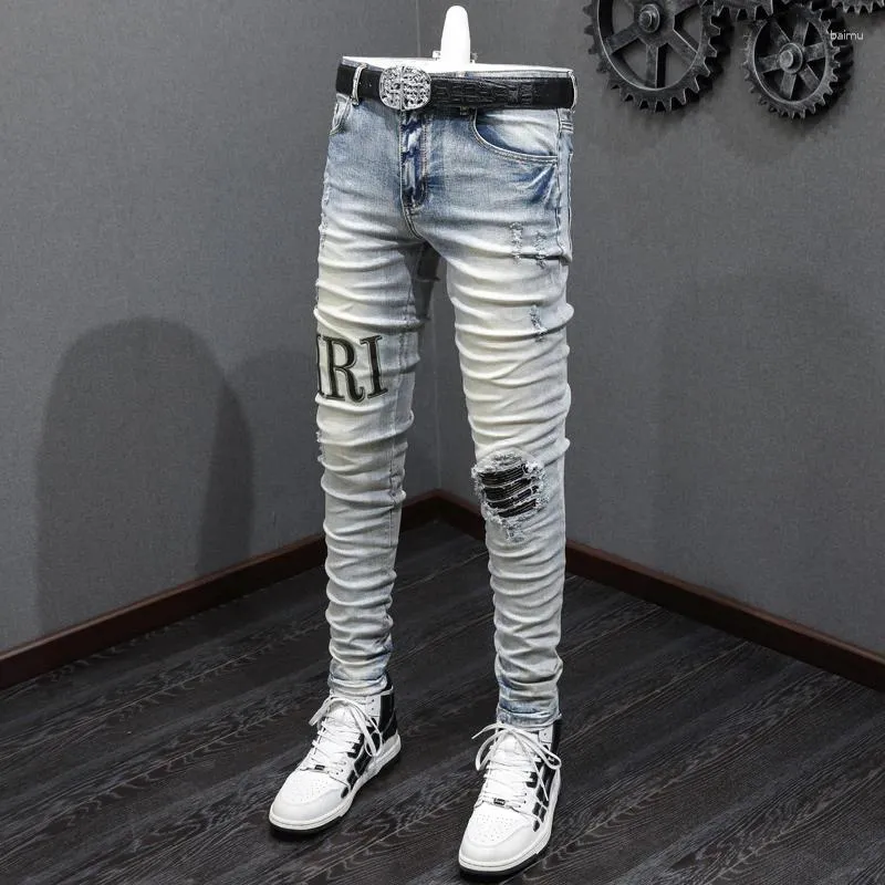 Men's Jeans Street Fashion Men Retro Yellow Blue Elastic Stretch Skinny Ripped Brand Patches Designer Hip Hop Pants Hombre