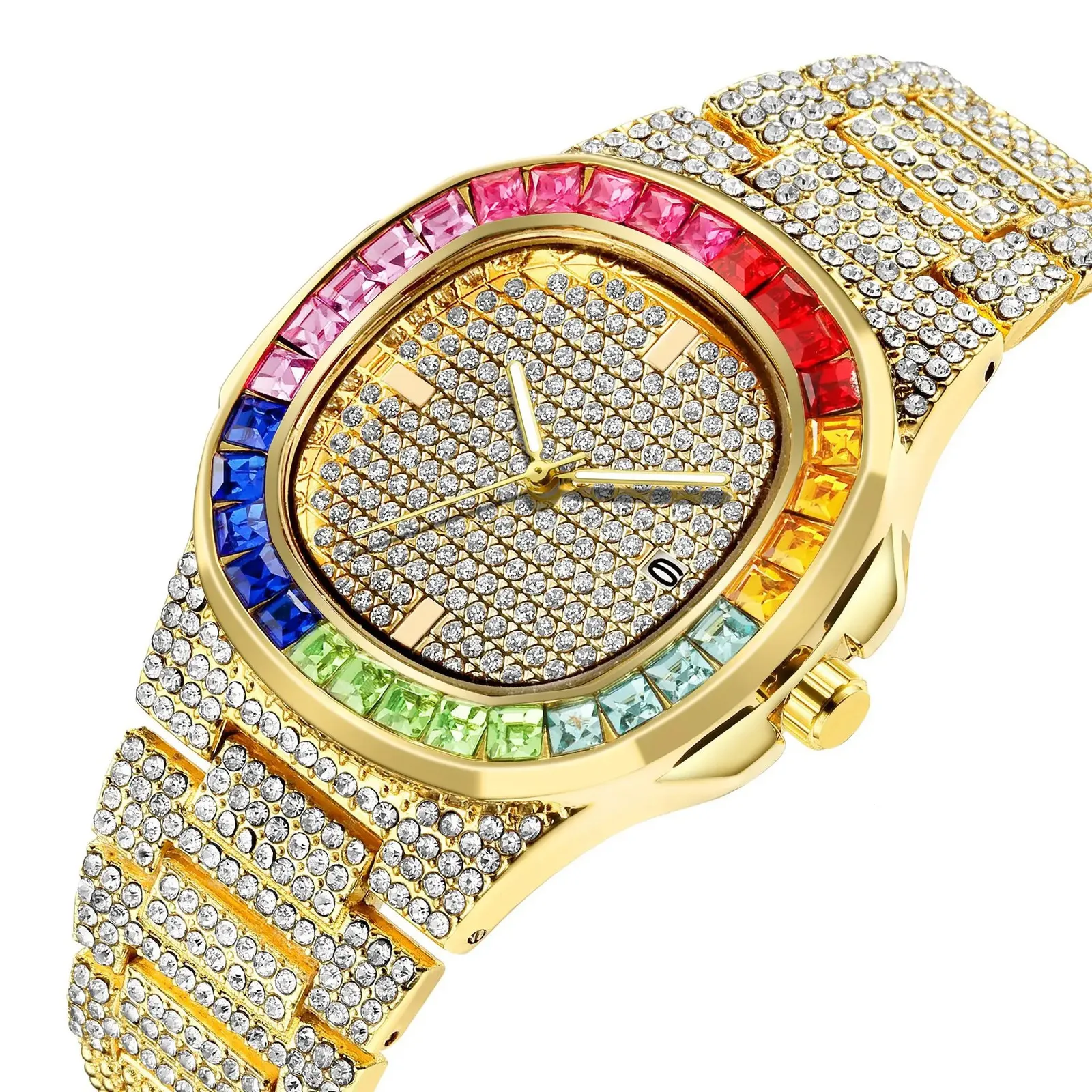 Montres pour femmes Montres pour hommes de luxe Hip Hop glacé montres CZ Bling calendrier montre en or hommes femmes strass cadeaux Relogio Masculino 231025