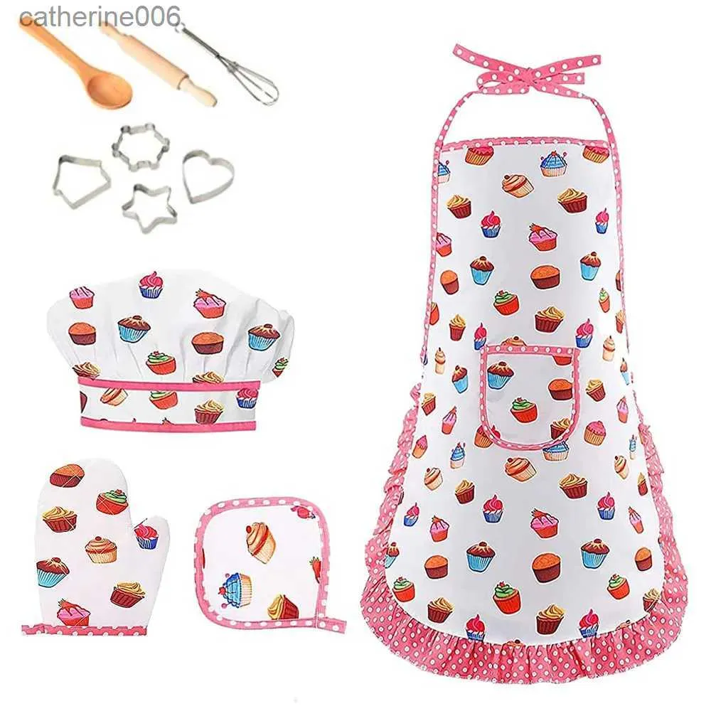 Cuisines jouer à la nourriture tablier pour enfants jouer maison jouets cuisine cuisine ensemble d'outils de cuisson chapeau de chef mitaine ustensile pour tout-petit habiller Costume de chef jeu de rôle L231027