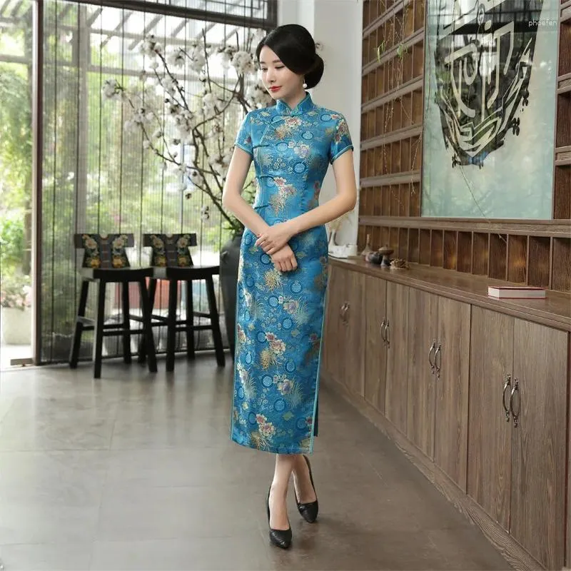 Ethnic Clothing Lake Blue Cheongsam Oriental Costume Dress Women's Traditional Chinese Flower Long Size S-3XL