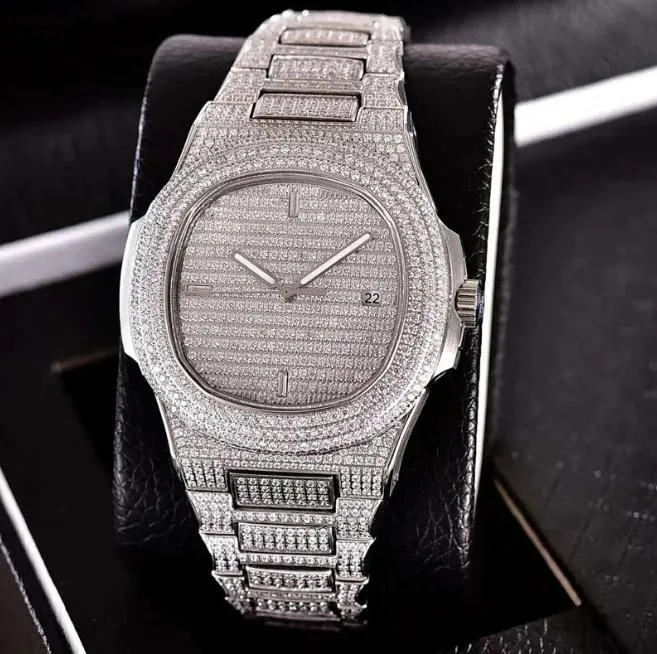 Full Iced Out Watch CZ Diamond PP Titta på lyxiga män Silverfodral Diamonds klockor ETA Mekanisk rörelse Vattentäta armbandsur