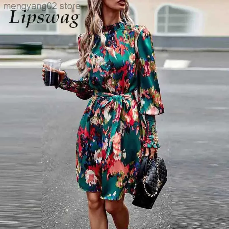 Basic Casual Dresses Commuter Elegant Pleat O Neck Long Sleeve A-Line Dress Casual Fashion Lace-up Loose Dress Autumn Women Floral Print Mini Dresses T231026