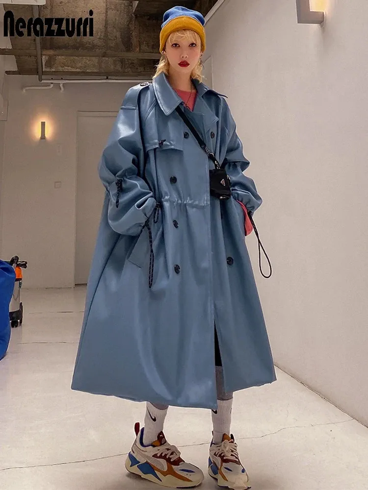 Women's Leather Faux Leather Nerazzurri Autumn Oversized blue long leather trench coat women raglan sleeve drawstring Loose casual waterproof raincoat 231025