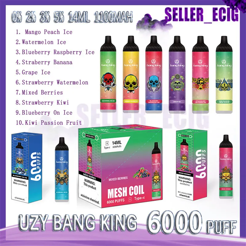 Original UZY Bang King 6000 Puff Disposable E Cigarettes 0.8ohm Mesh Coil 14ml Pod Battery Rechargeable Electronic Cigs Puff 6K 0% 2% 3% 5% Disposable Vape 10 flavors