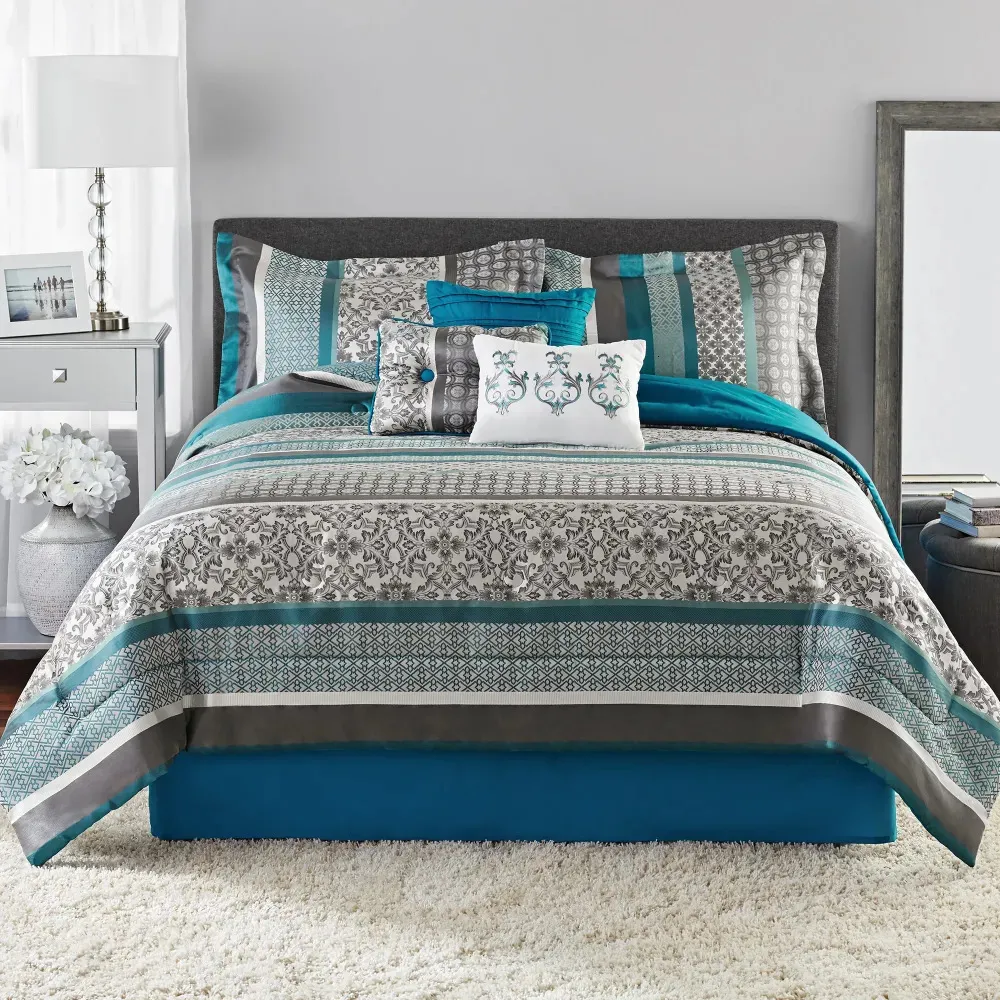 Conjuntos de cama 7 peças Princeton tecido Jacquard Comforter Set Teal Stripe FullQueen 231026