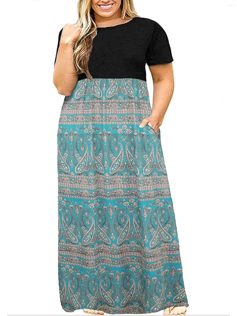 Plus Size Jurken Maxi-jurk met korte mouwen en zakken voor dames, losse, casual zomer