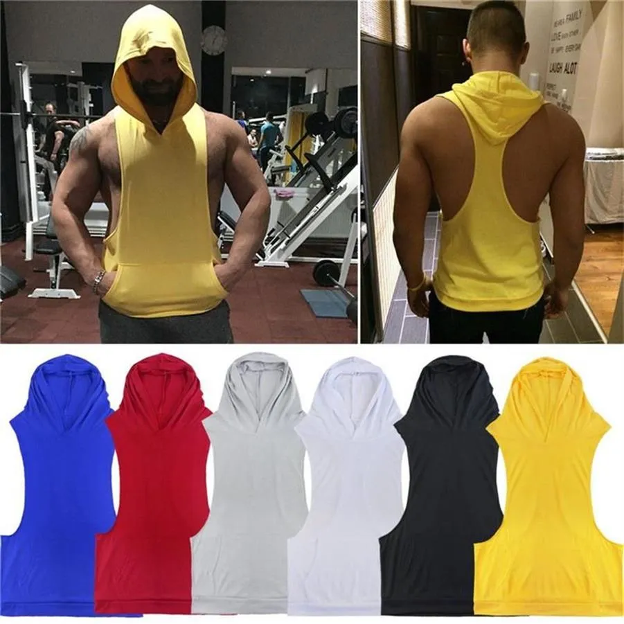 Canottiera con cappuccio Uomo Abbigliamento da palestra muscolare con pacchetto Felpa con cappuccio Bodybuilding Canotta Allenamento solido Gilet senza maniche Pullover Stringer237Q