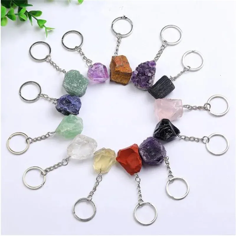 Keychains Lanyards 20st Natural Rough Raw Stone Crystal Quartzs Keychain Women Men Handbag Hangle Car Key Holder Raw Mineral Stone Keyring Jewelry 231025