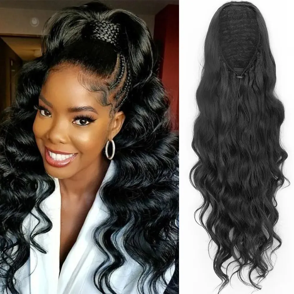 Synthetic s MerisiHair tail Long Black Drawstring Wavy Hair African American for Women Body 231025