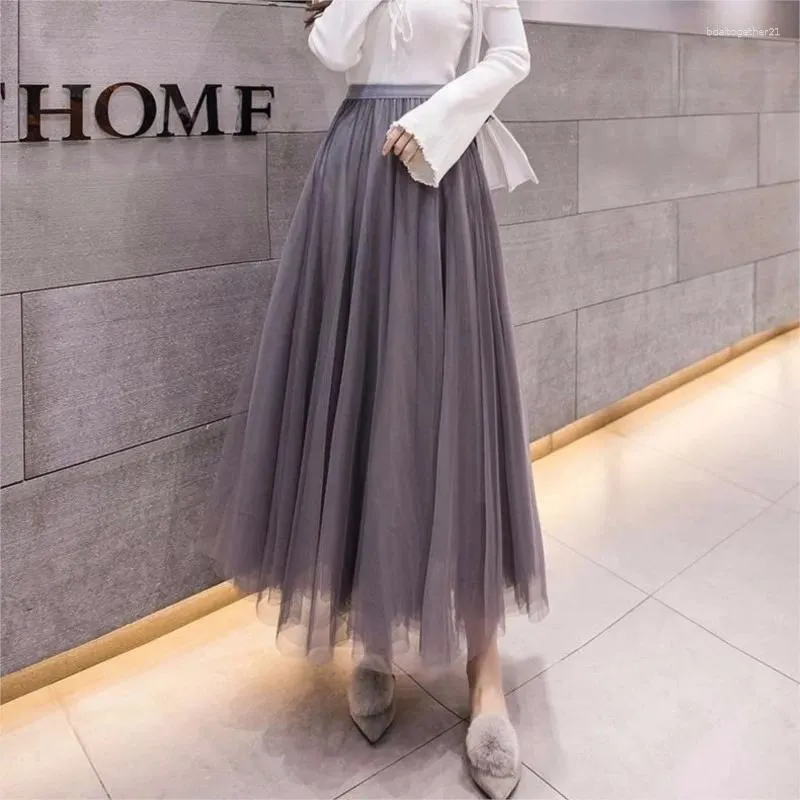 Skirts Vintage Tulle Skirt Women Elastic High Waist 3 Layers A-line Pleated Mesh Long Bride Tutu Female NS5613