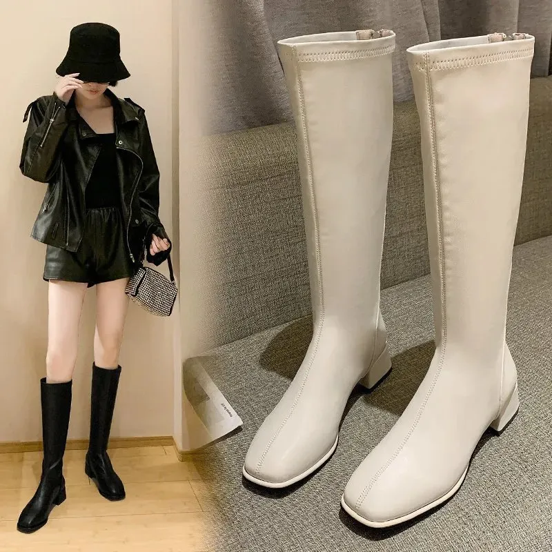 Boots Women Knee High Female Leather Knight Plus Size 43 Booties Lady Low 4cm Heels White Autumn Shoes 231026