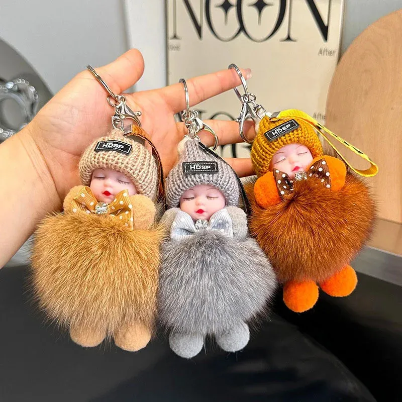 Keychains Lanyards Sleeping Baby Keychain Cute Plush Doll Keychain Plush Fluffy Ball Girl Bag Key Ring Ornament Car Key Charm Gift Pendant 231025