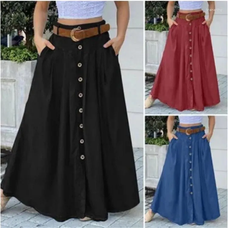 Kjolar sommar maxi mode kvinnor elegant knapp hög midja midi kjol kvinnlig stor casual flare ficka lång denim