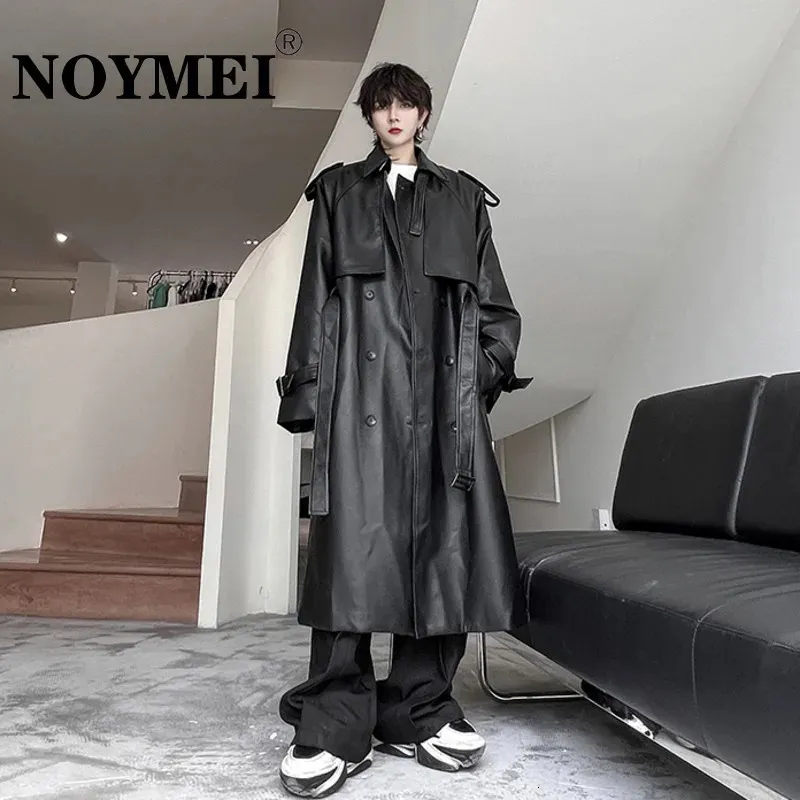 Mężczyźni mieszają noymei Mężczyźni Long Pu skórzany wykop czarny modny amerykański styl Lapel Autumn Zima Płaszcz Sylwetka Sylwetka Windbreaker WA2832 231026