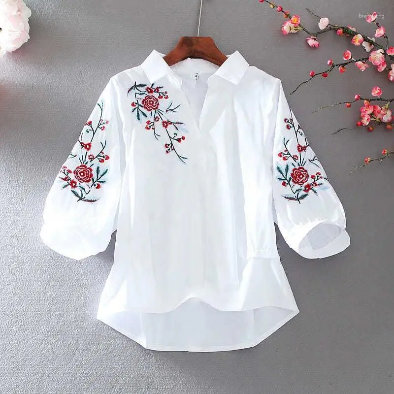 Women's Blouses 2023 Summer Fashion Trend Retro Art Heavy Industry Embroidery Simple Lapel Loose Casual Versatile Mid Sleeved Shirt