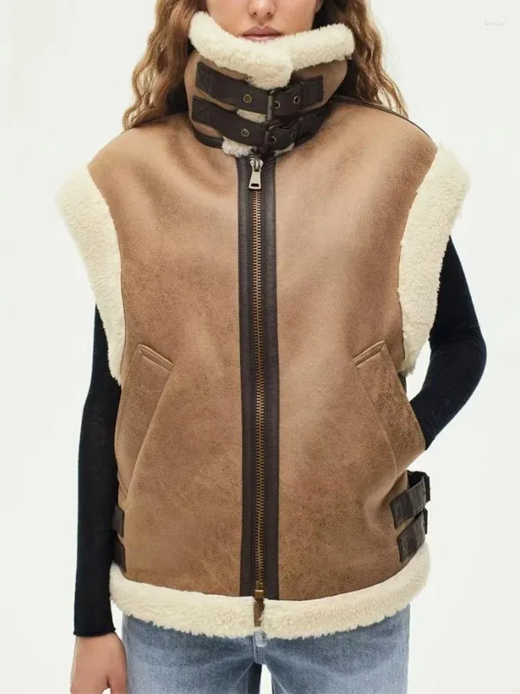 Kvinnors västar Autumn Winter Kvinnor Streetwear tjock varm päls Vest Lady Vintage Löst ärmlös Faux Leather Lamb Jacka