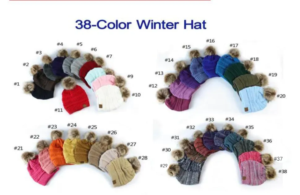 Christmas Eve New Year Gift 38 styles CC Adult Winter Warm Hat Ladies Soft Elastic Cord Knitted Pompom Beanie Girl Skiing Christmas