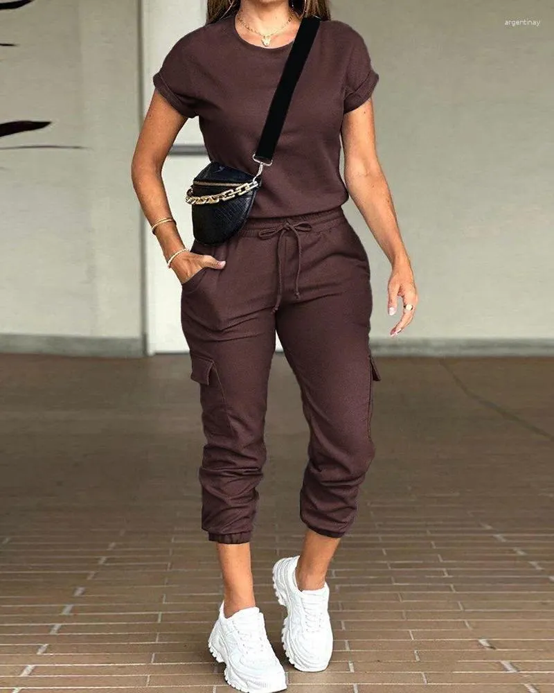 Kvinnors tvåbitar byxor Summer Fashion Solid Short Sleeve Top Trouser Suits Casual Urban Tracksuit Set Womens Outifits Workout