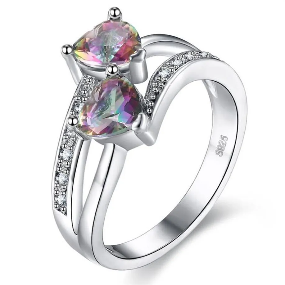 Vendi gioielli di moda carini in argento sterling 925 con doppio cuore di colore Rianbow con pietre preziose per donna, anello di fidanzamento per matrimonio, per Love252H