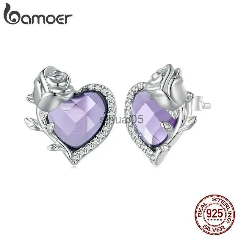 Stud Bamoer 925 en argent Sterling magnifique Rose boucles d'oreilles pour les femmes Rose Zirconium coeur oreille goujons bijoux fins cadeau de mariage BSE696 YQ231026