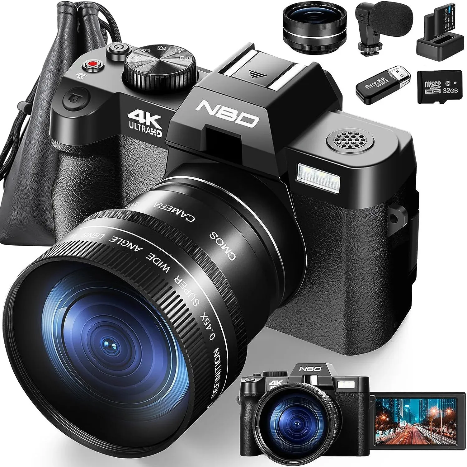 Видеокамеры Цифровая камера GAnica для фото и видео, 4K, 48 МП, видеоблог, с поворотным экраном на 180°, 16-кратным зумом 231025