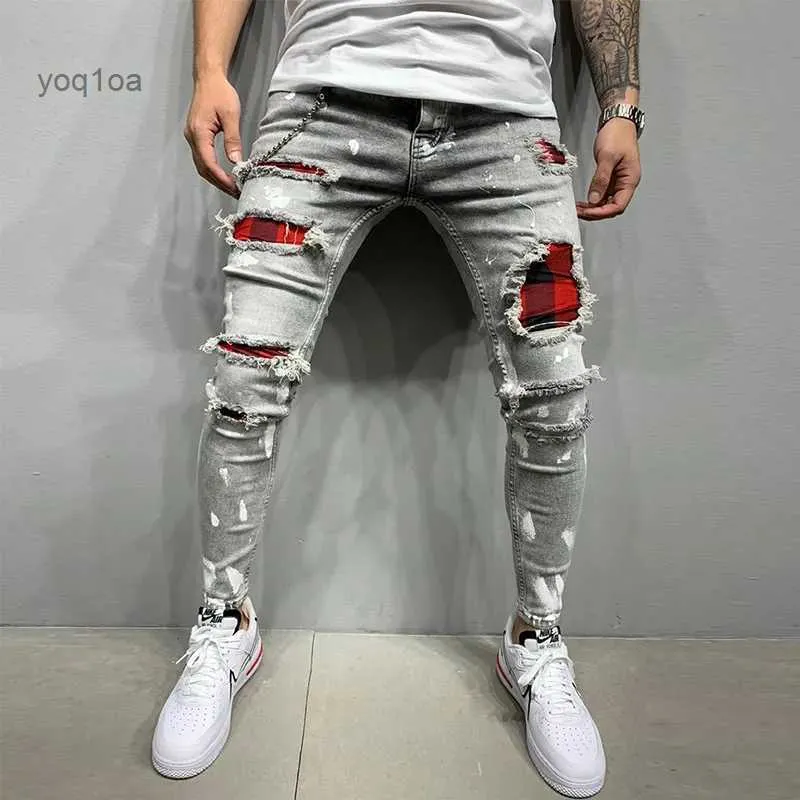 Jeans masculinos rasgados jeans homens estiramento magro cinza azul preto hip hop denim calças streetwear casual magro ajuste jeans para homens jogging jeanL23126