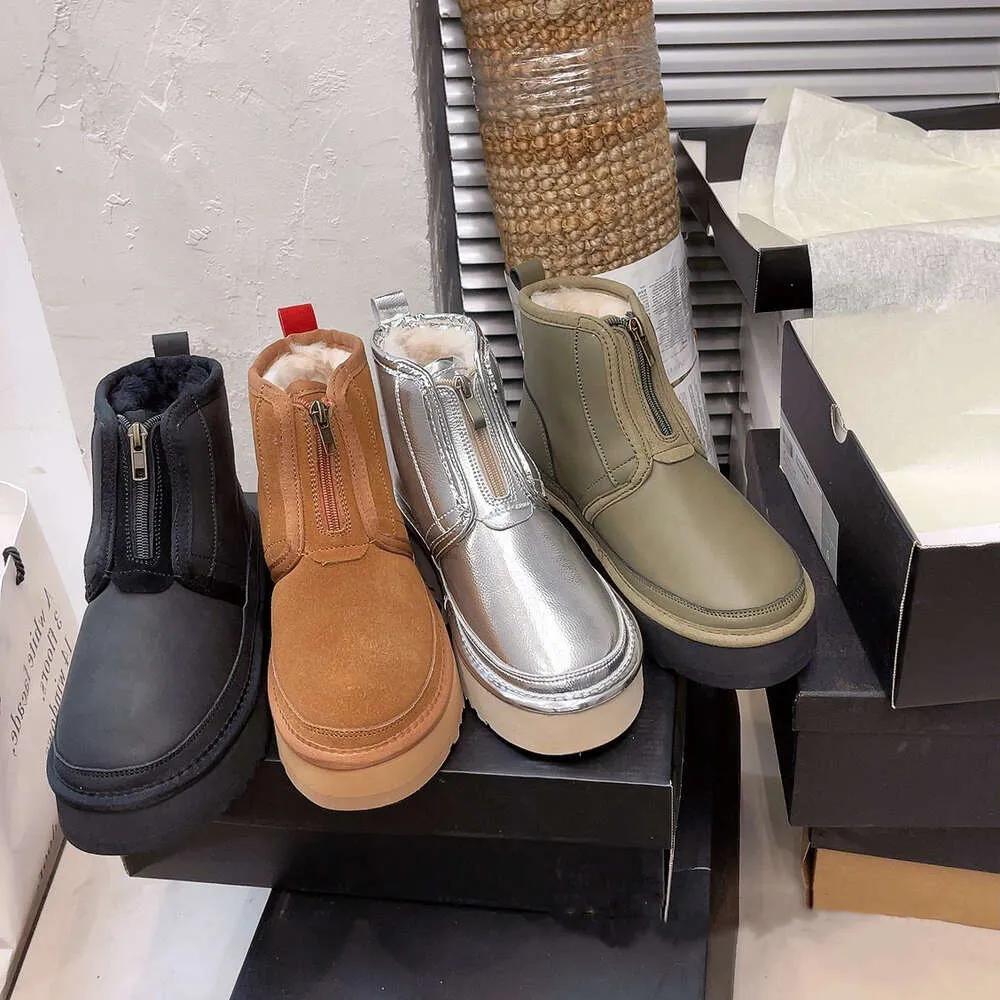 2023 Australien Mini Neumel Plateau-Reißverschlussstiefel, Designer-Damen-Schneestiefel, dicker Boden, knöchelwarm, Pelz, Schaffell, australischer Fluffy Fuzz Mule Tazz Slipper