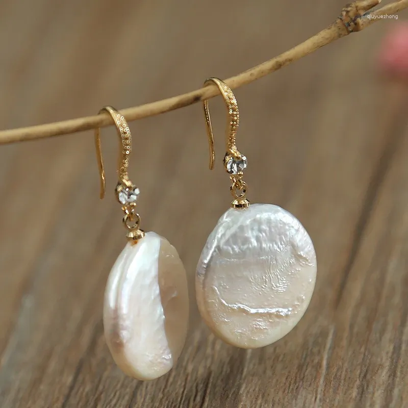 Dangle Oorbellen Aankomst Gouden Kleur Drop Voor Vrouw Met Platte Top Natuurlijke Zoetwater Witte Barokke Parels Cadeau