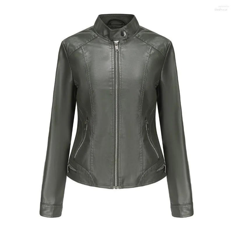 Women's Leather Women's Faux Jackets For Women 2023 Spring Moto Biker Zipper Jacket In Outerwears Autumn Motorcycle Coat Green Brown