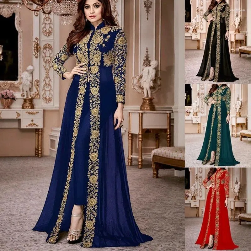 Ethnische Kleidung 2023 Mode Blumendruck Stehkragen Spitzenkleid Hosen Damen Langarm Patchwork Muslim Anzug